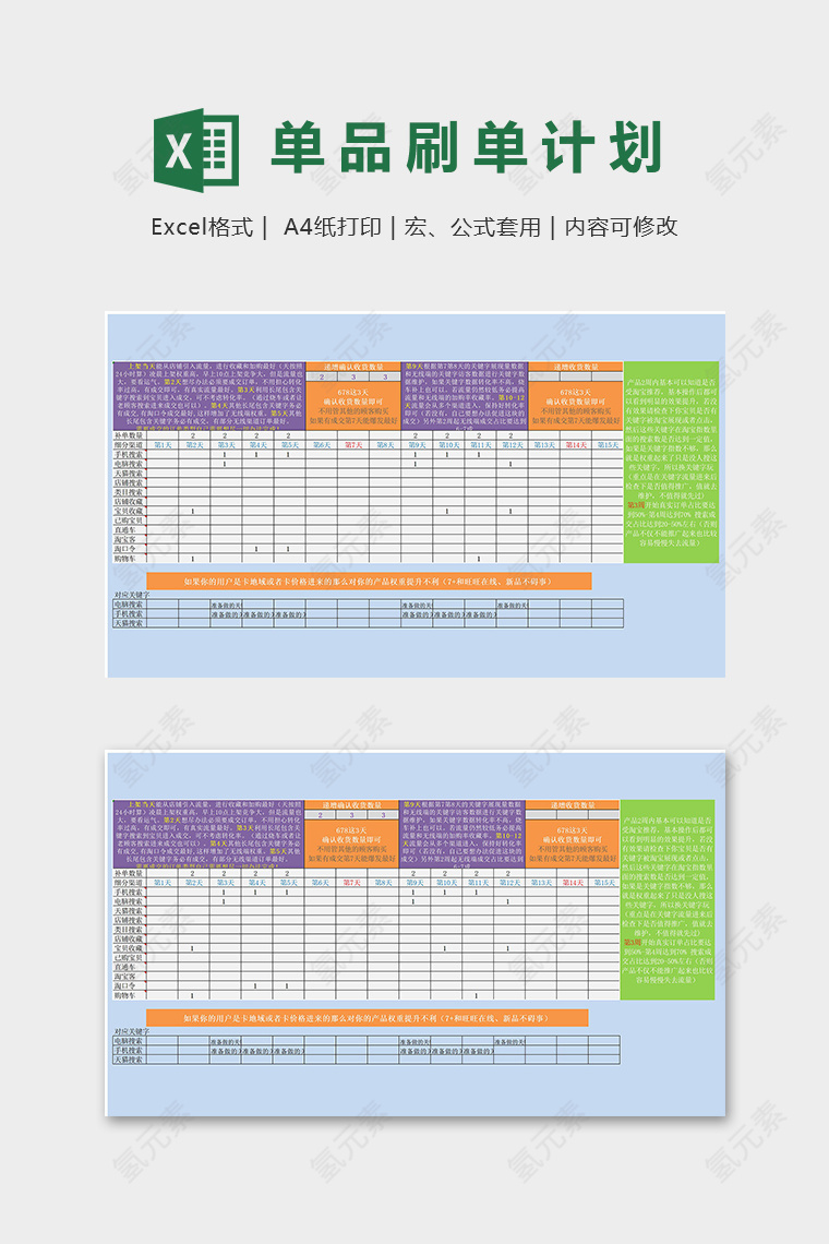 高端网店单品刷单计划表excel模板