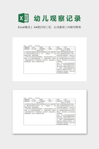 专业幼儿园幼儿在校课堂情况观察记录表excel模板下载