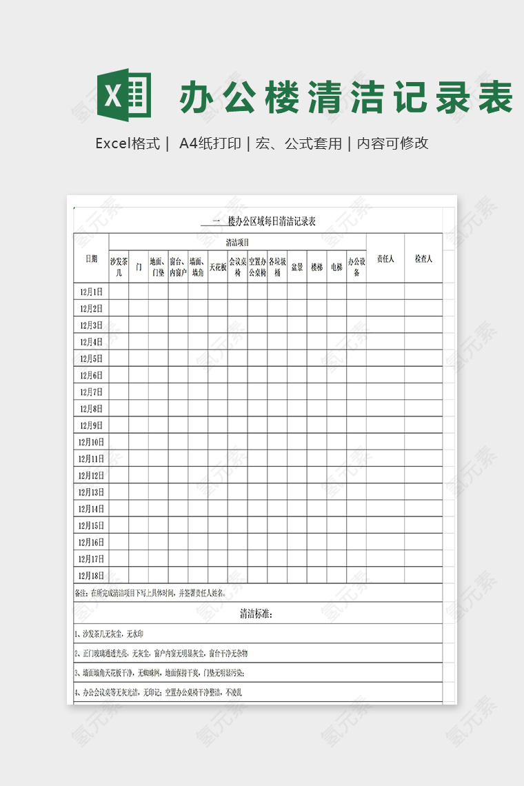 办公楼卫生间清洁记录表excel模板