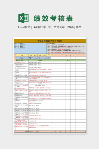 英语培训教师日常绩效考核表excel模板下载