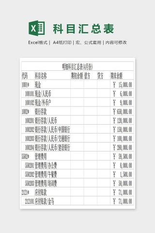 简单大方明细科目汇总表Excel下载