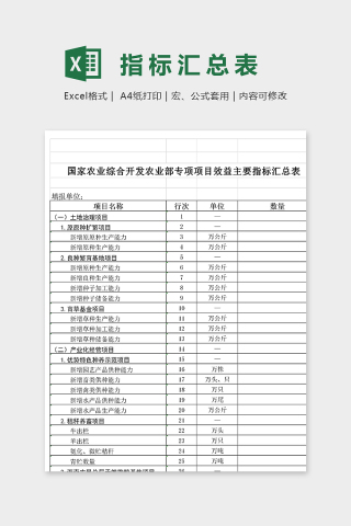 农业综合专项项目任务投资主要指标汇总表excel模板下载