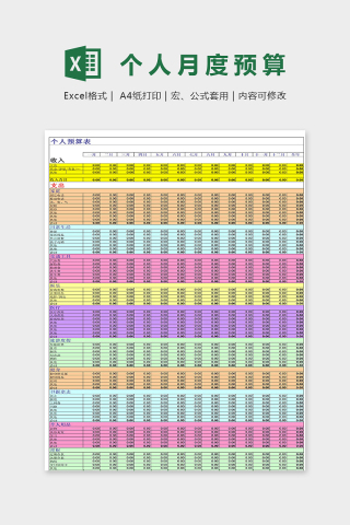 专业个人月度预算表excel模板下载