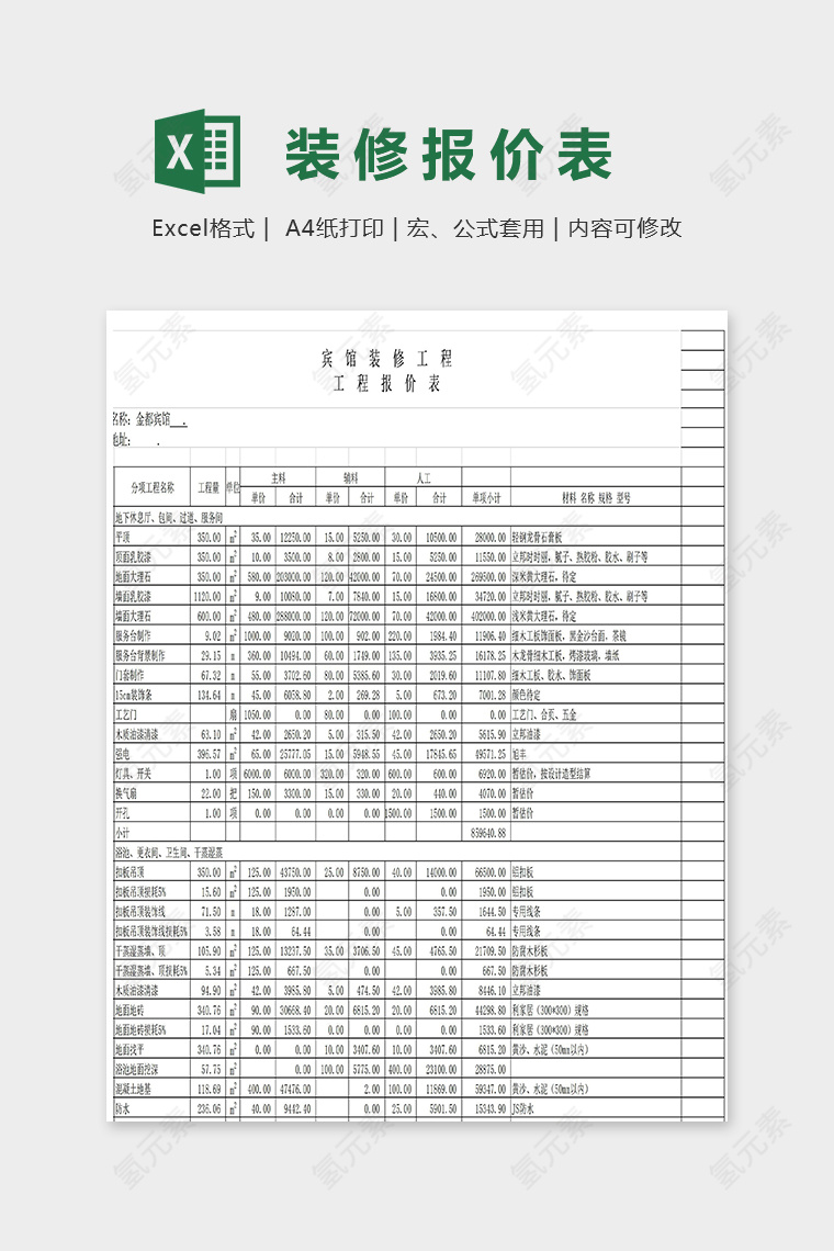 宾馆装修报价表单