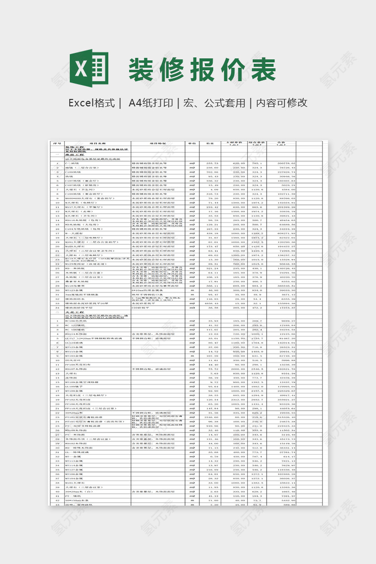 简单小清新装修语速表Excel