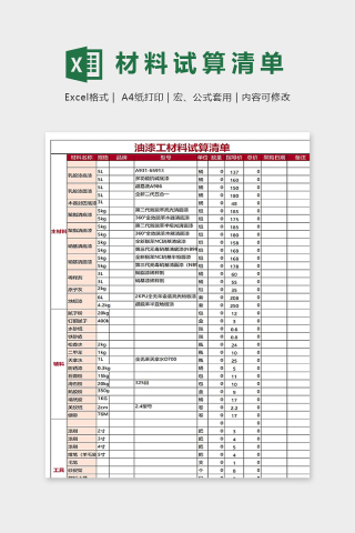 装修工程油漆工材料试算清单模版下载