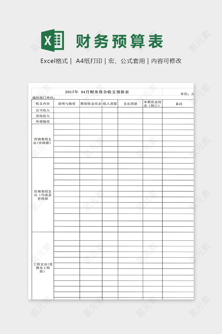 财务收支预算表模版