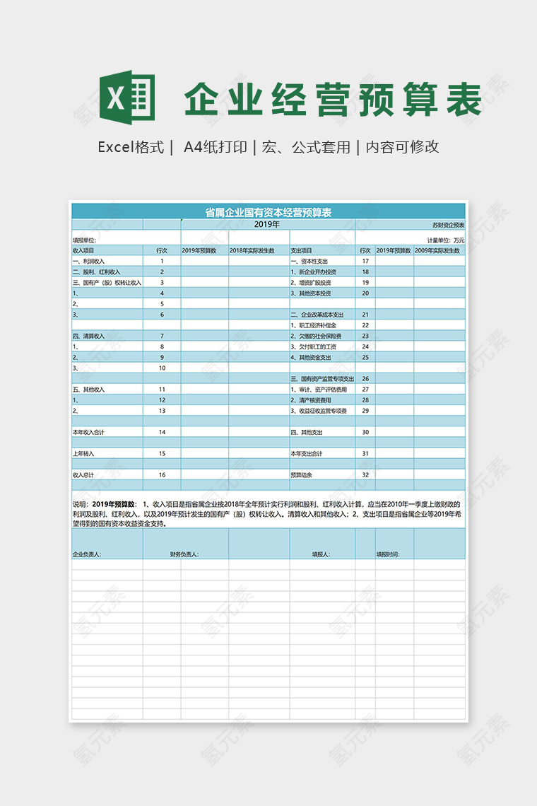 2019最新省属企业国有资本经营预算表Excel模板