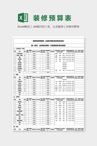 详细专业新房装修预算表excel模板下载