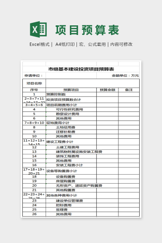 简单市级基本建设投资项目预算表Excel下载