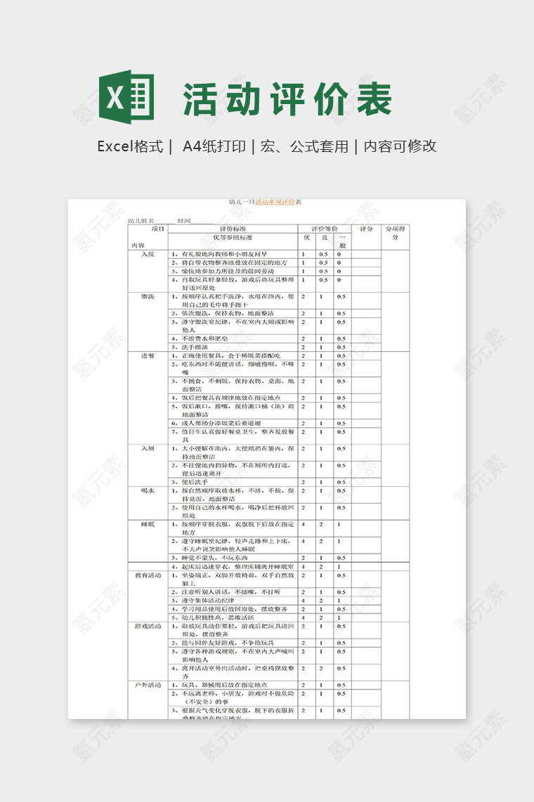 专业幼儿园幼儿一日活动常规评级表excel模板