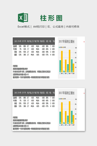 产品销售数据统计分析带涨幅柱形图excel模板下载