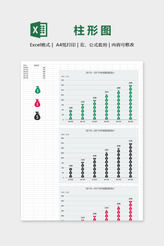 创意销售数据钱袋图案柱形图表excel模板下载