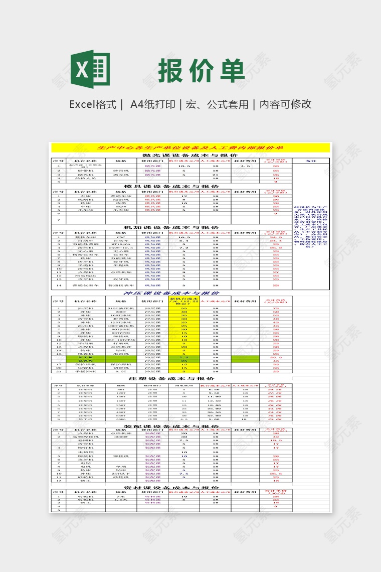 生产中心内部报价单Excel表格模板