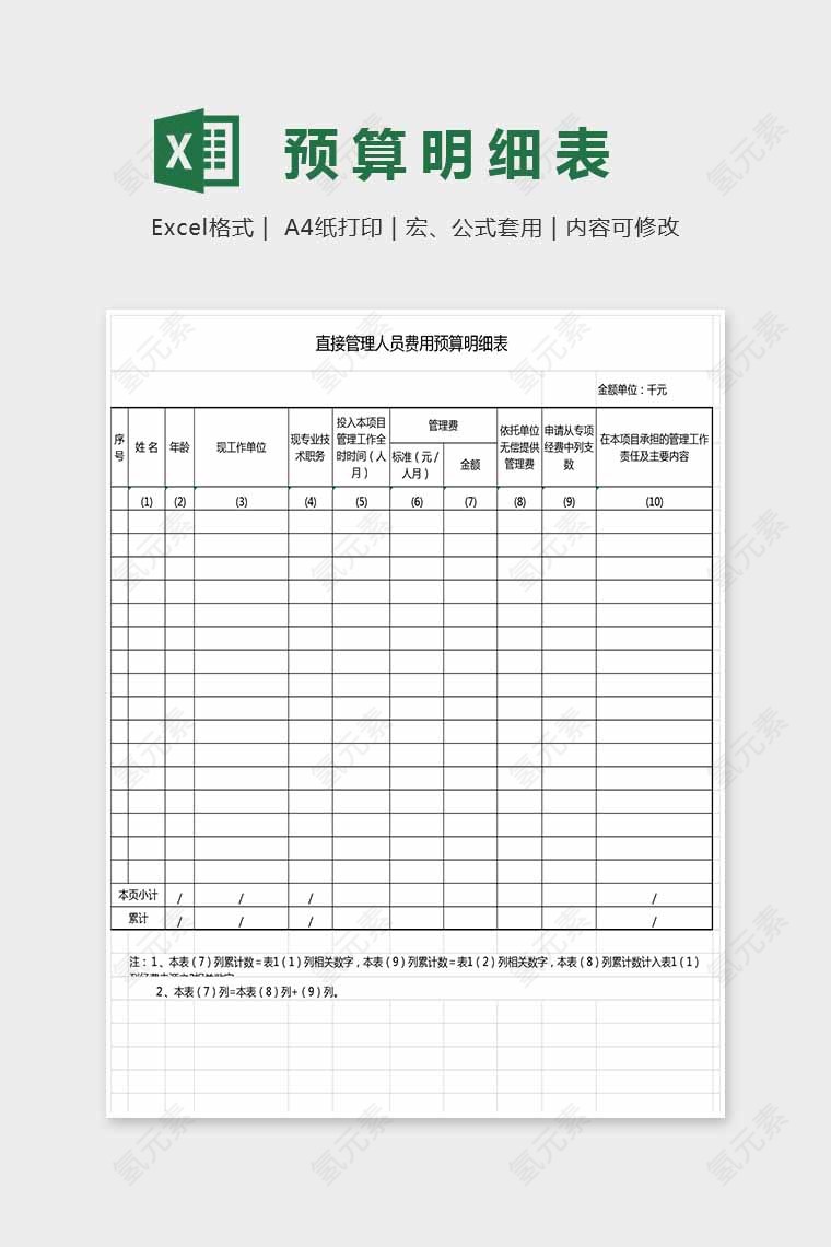 简单管理人员费用预算明细表Excel