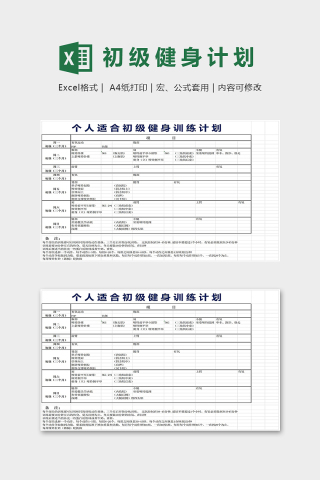 个人适合初级健身训练计划表excel模版下载