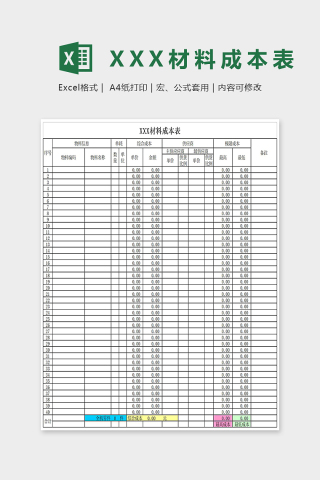 XX材料成本表Excel表格模板
