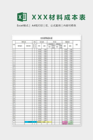 XX材料成本表Excel表格模板下载