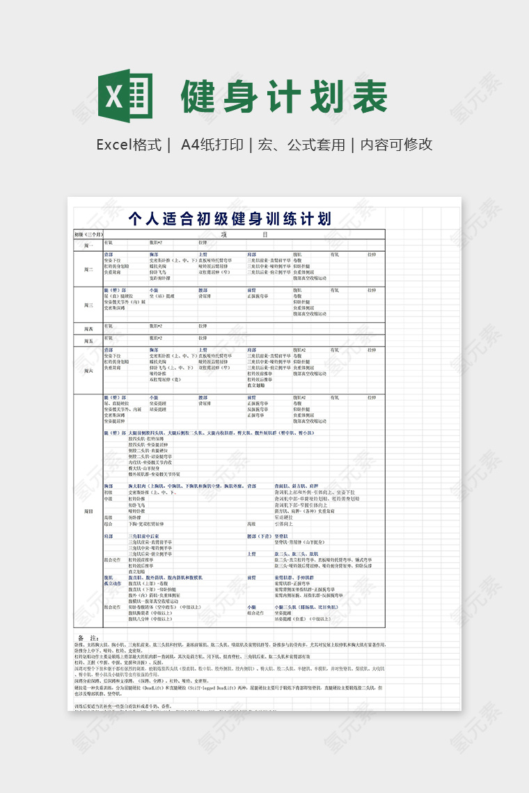 个人适合初级健身训练计划模版