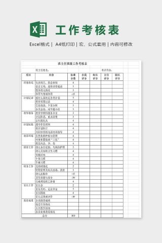 专业幼儿园班主任工作考核表excel模板下载