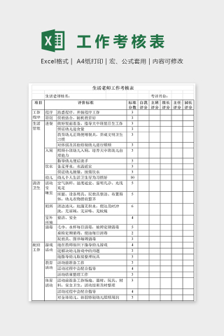 幼儿园生活老师工作考核表excel模板下载