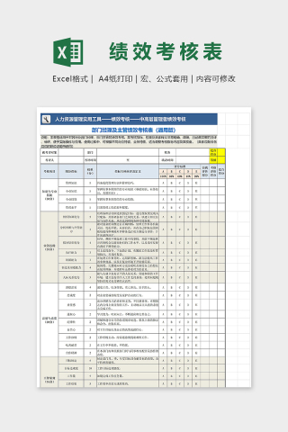 部门经理及主管绩效考核表excel模板下载