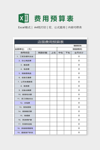 简约直观店面费用预算表excel模板下载