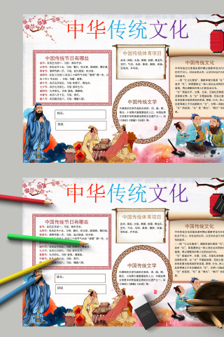 古代人物彩色中华传统文化手抄报模板