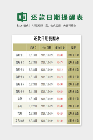 個人專業實用還款日期提醒表excel模板