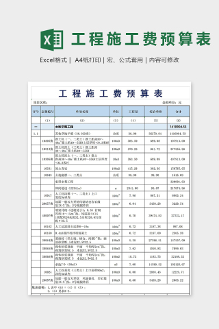 专业详细工程施工费用预算表模版下载