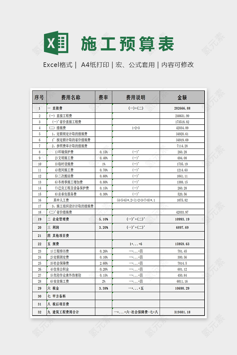 简单通用施工预算表Excel