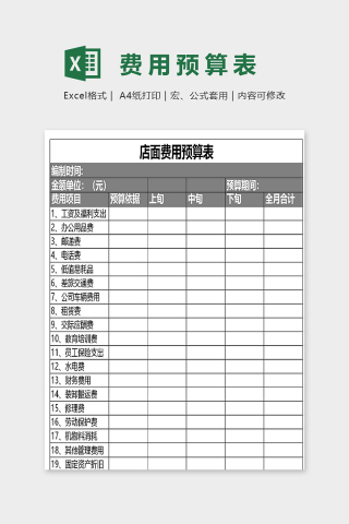 店面经营费用预算表excel模板下载