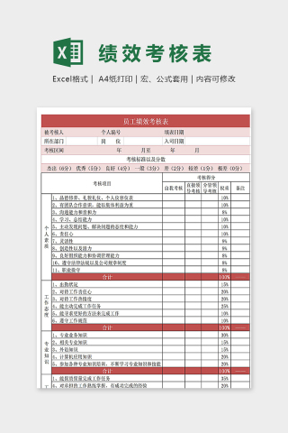 红白配色公司员工绩效考核表excel模板下载