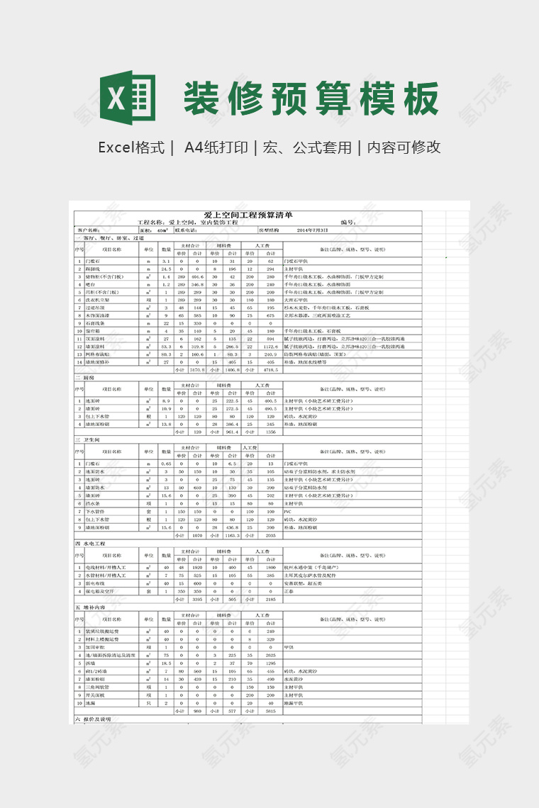 安定东菀装修预算图表