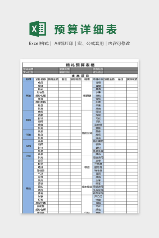 专业婚礼筹备预算详细表excel模板下载