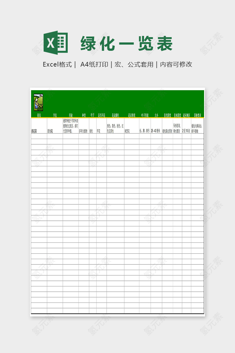 简单精美绿化一览表Excel