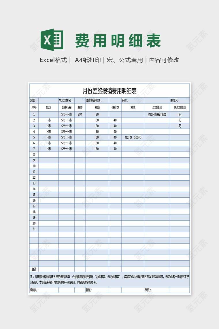 小清晰精美费用明细表Excel