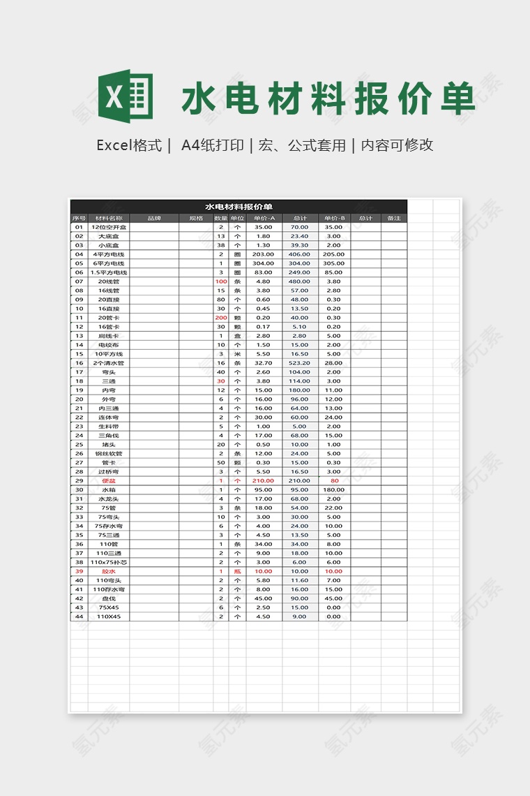 水电材料报价单Excel表格模板