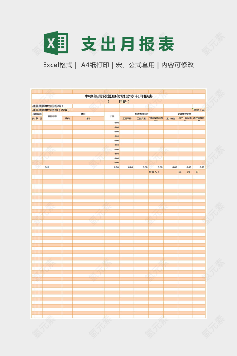 预算单位财政支出月报表excel模板表格