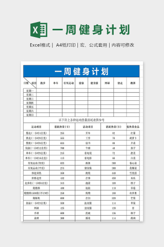 专业健身一周健身计划表excel模版下载