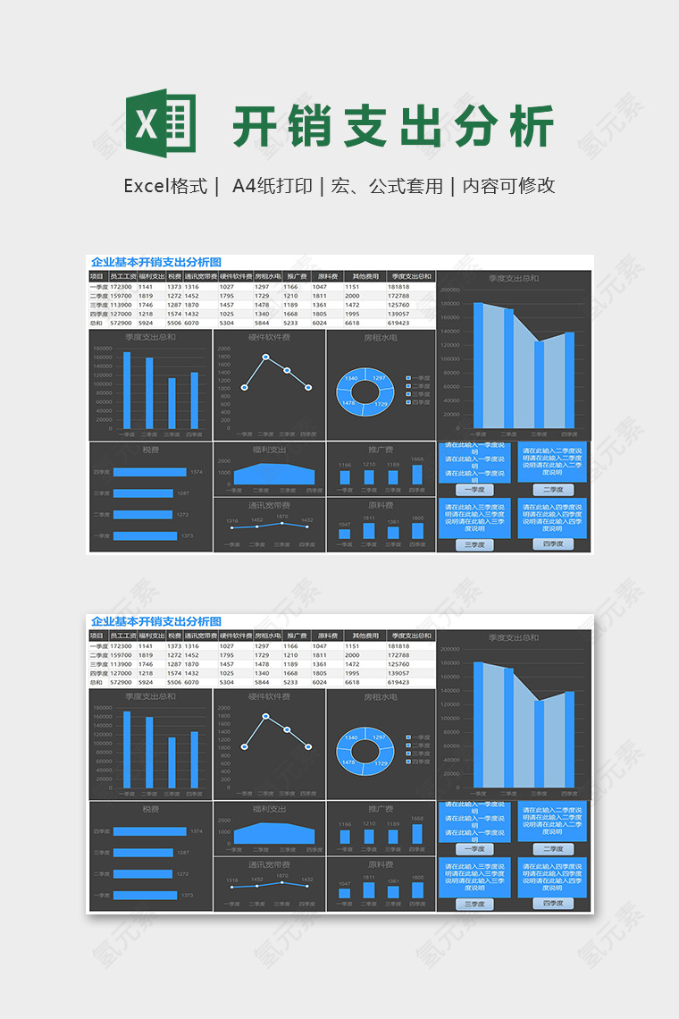 黑蓝商务企业基本开销支出分析图excel模板