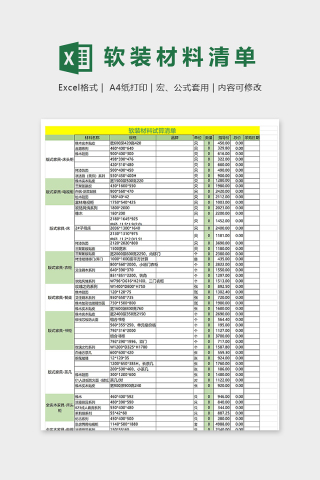 装修工程软装材料试算清单模版下载