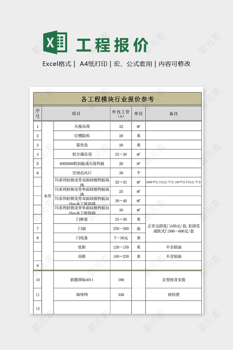 工程报价表格