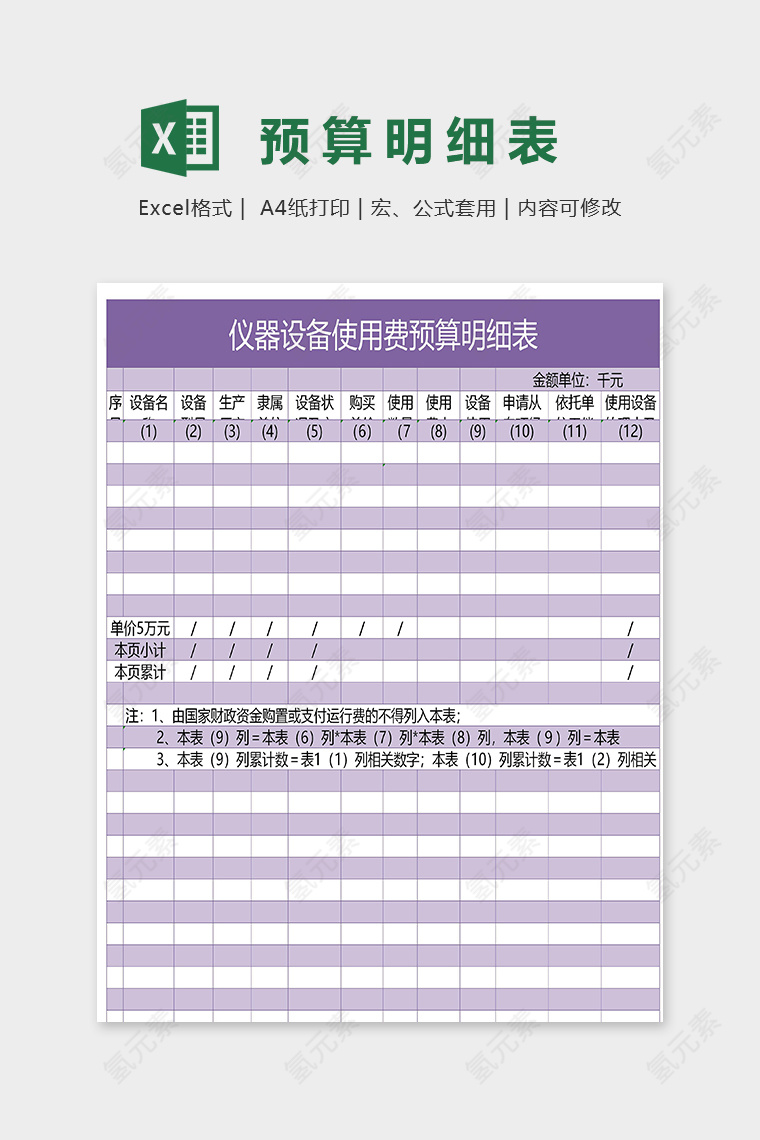 仪器设备实用费用预算表excel模板