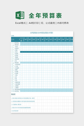 小清新蓝色精美全年预算表Excel