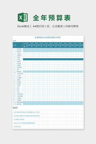 小清新蓝色精美全年预算表Excel下载