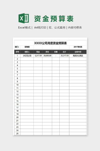 专业公司月度资金预算表excel模板下载