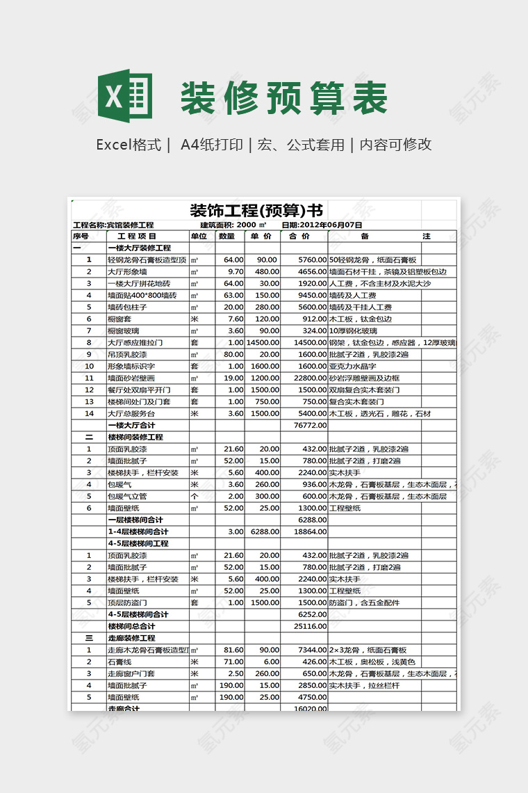 简单精美装修预算表Excel