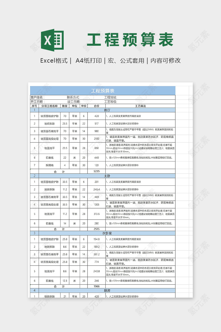 高端全面工程预算表模版