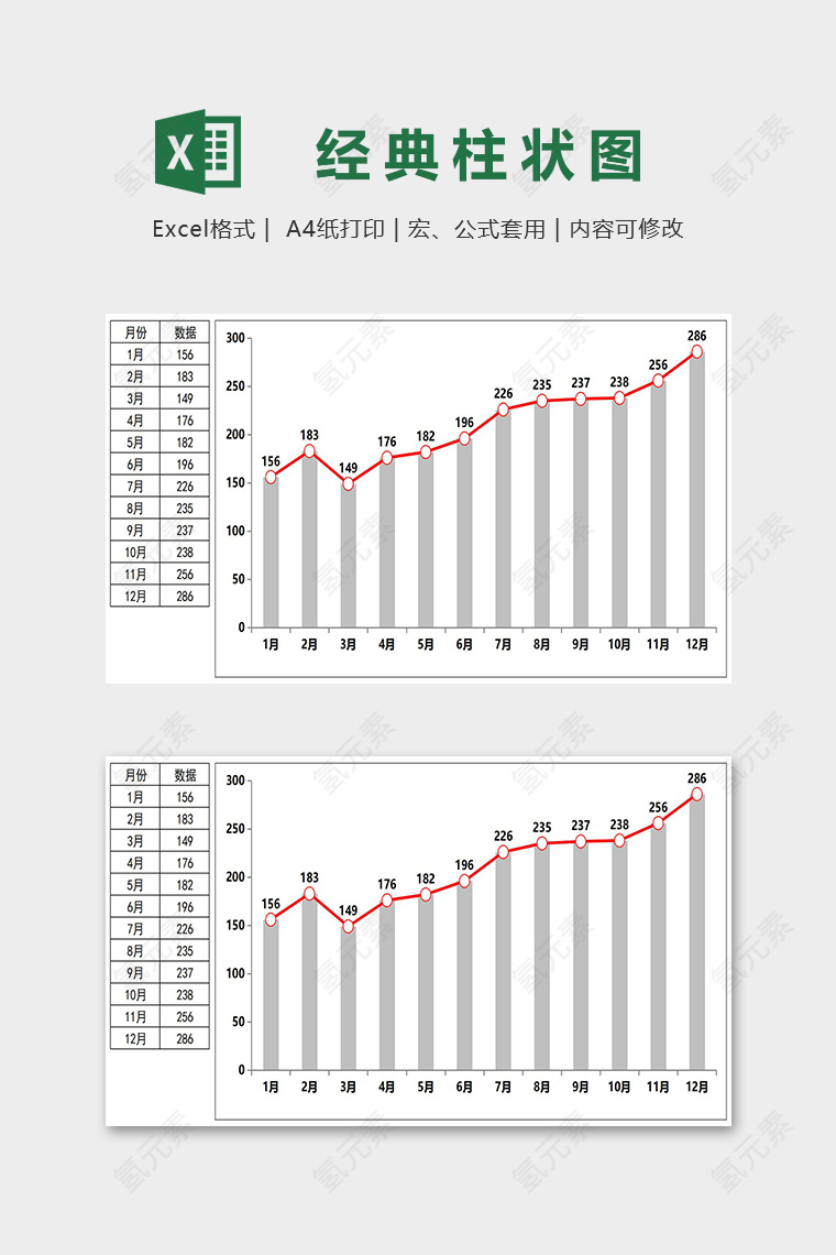 数据可视化工具灰红经典柱形图excel模板